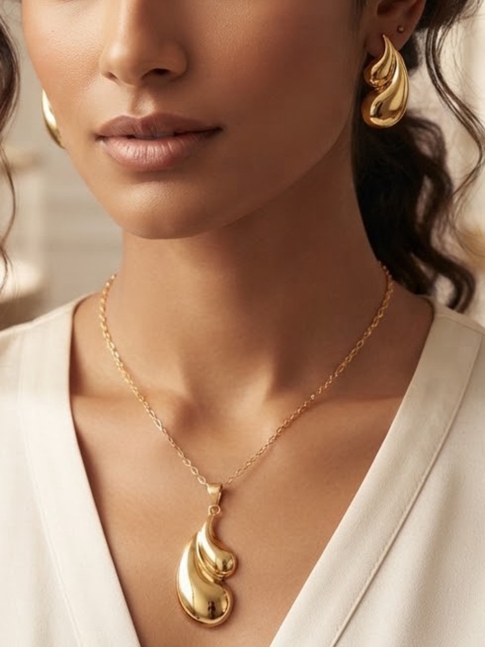 Women’s Gold Teardrop Stainless Steel Necklace and Earring Set.